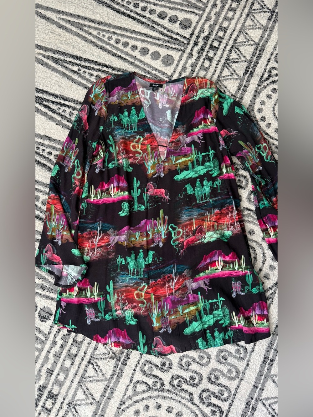 Nasty Gal Black Long Sleeve Tunic with Neon Desert Print